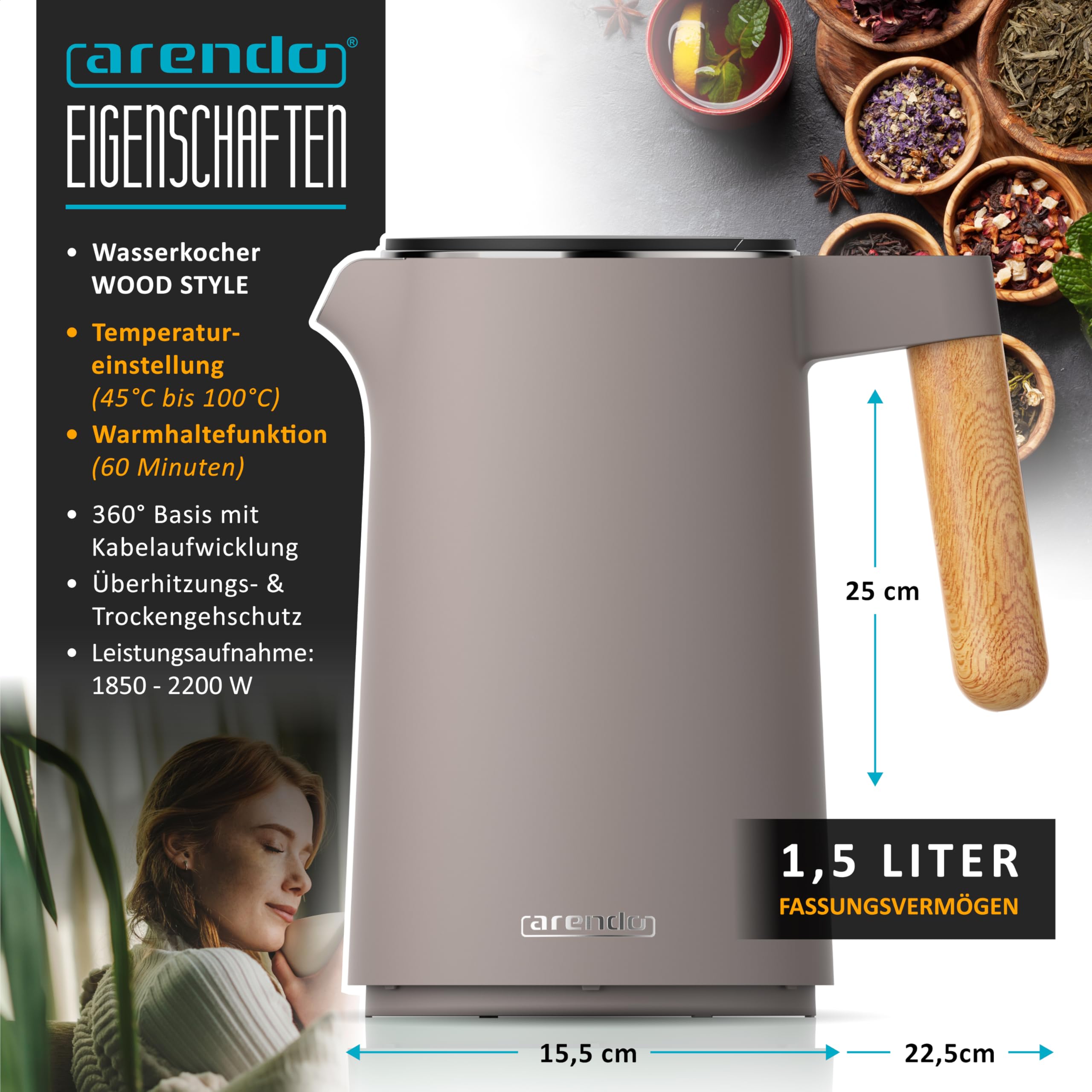 Arendo Küchen Set Edelstahl Wasserkocher Temperatureinstellung Toaster Langschlitz 4 Scheiben Touchpanel LED Display