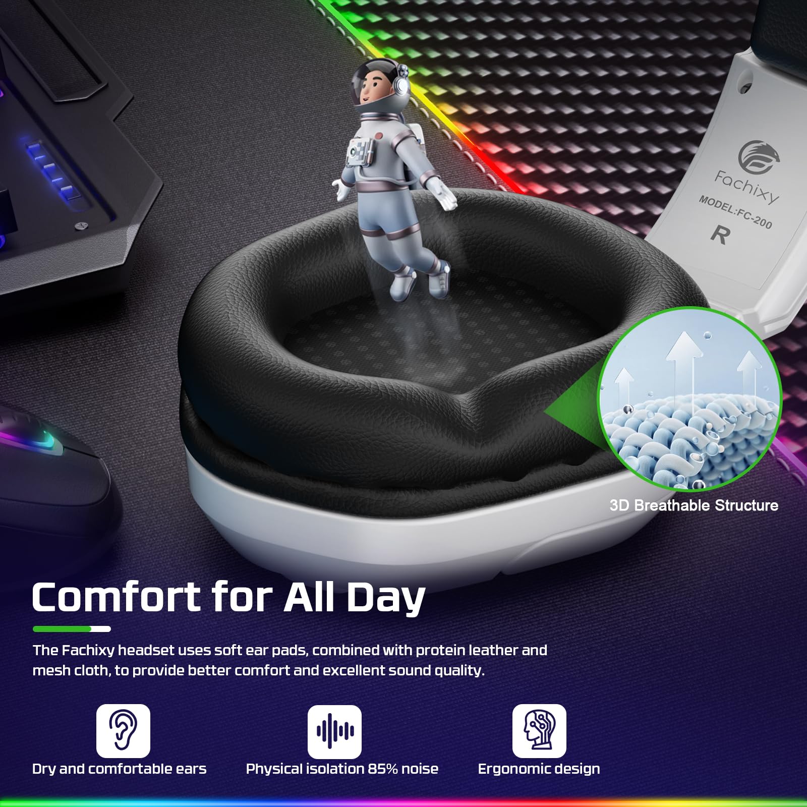 Fachixy FC200 Gaming Headset with Microphone for PS4, PS5, Switch, Xbox, Mac, PC Gaming Headphones with Mic, Gamer Headset with RGB Light - White-Black