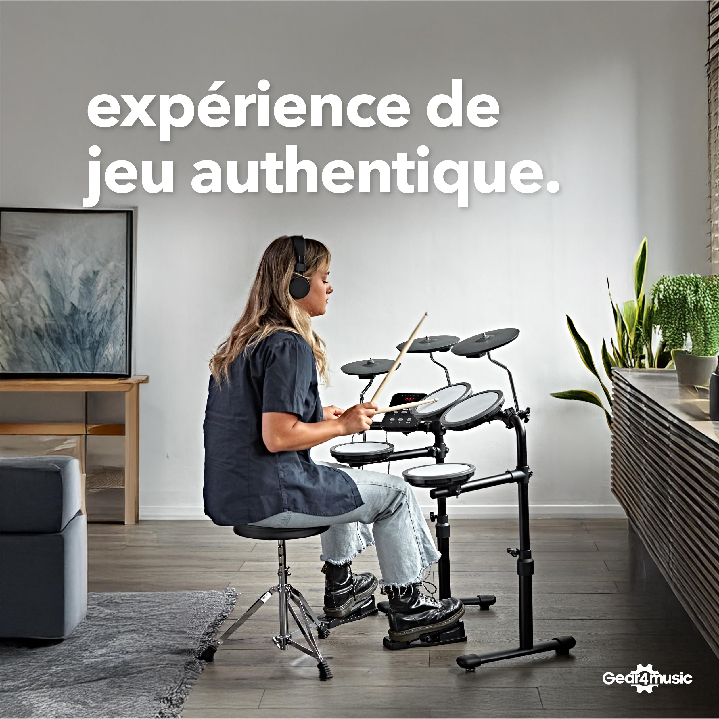 VISIONDRUM Batterie Electronique Adulte et Enfant, 7 Pads en Maille, Noir | Kit Batterie Electrique, Hauteur Réglable, Design Pliable, Casque, Tabouret et Baguettes Inclus