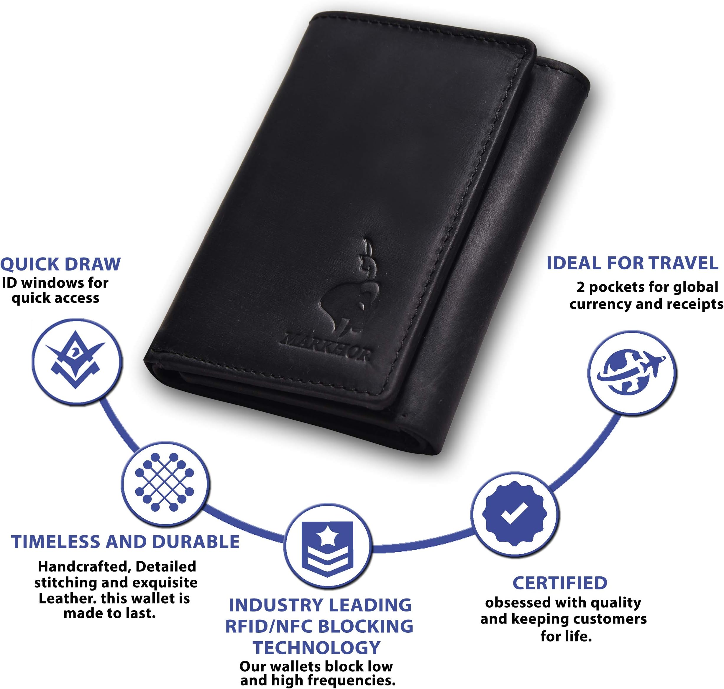 Genuine Leather Slim Trifold RFID Blocking Handmade Wallet with 7 Card slots +1ID Window + 2 Bill Compartment By Markhor