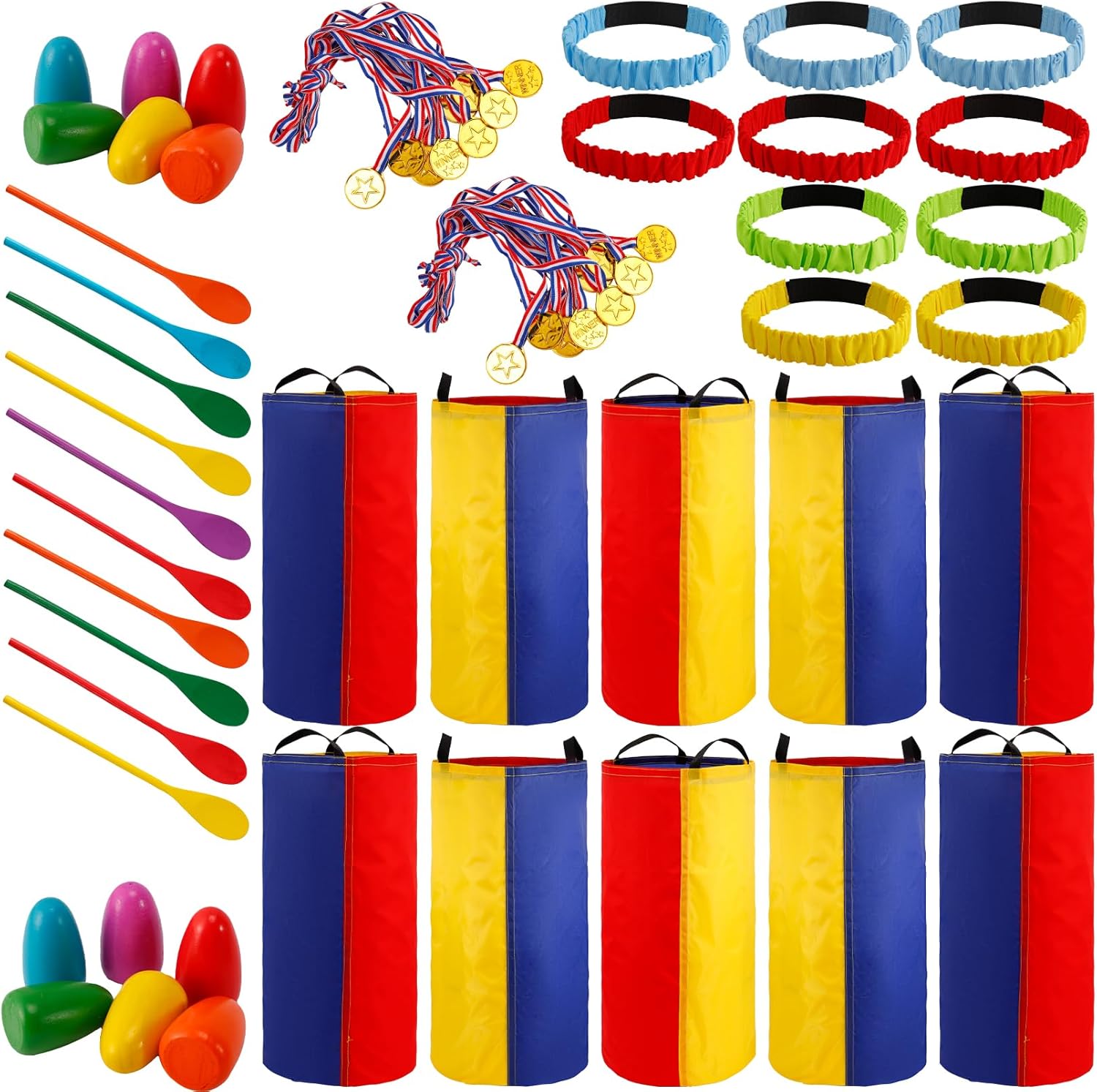 Jeffbaubl 40 PCS Potato Sack Race Bags, Outdoor Games Egg and Spoon Race Lawn Games, 3-Legged Race Bands, Outside Yard Lawn Party Games for Backyard Birthday Party Field Day Family Carnival