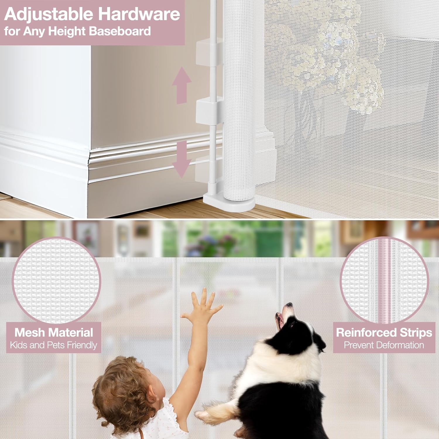 Reinforced 72" Wide Retractable Baby Gate with Rods Prevent Sagging, Retractable Dog Gate Mesh Baby Gate for Doorway, Large Baby Gate Retractable Gates for Dogs, Extra Wide Dog Gates for Stair, White