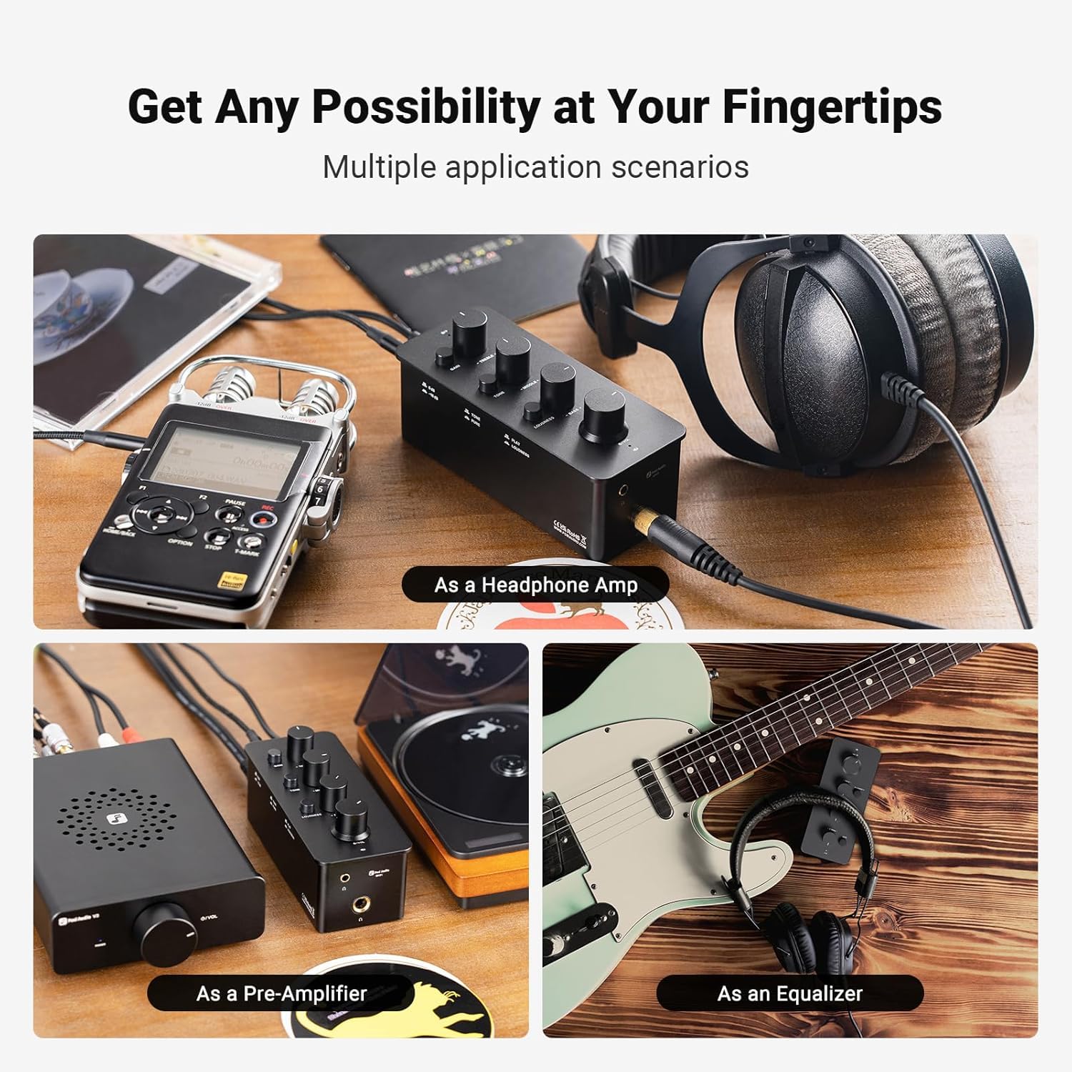 Amplificador ecualizador de auriculares, amplificador analógico portátil clase A, con conectores de 3.5 mm y 6.35 mm, control de tono de agudos de rango medio de graves y compensación de