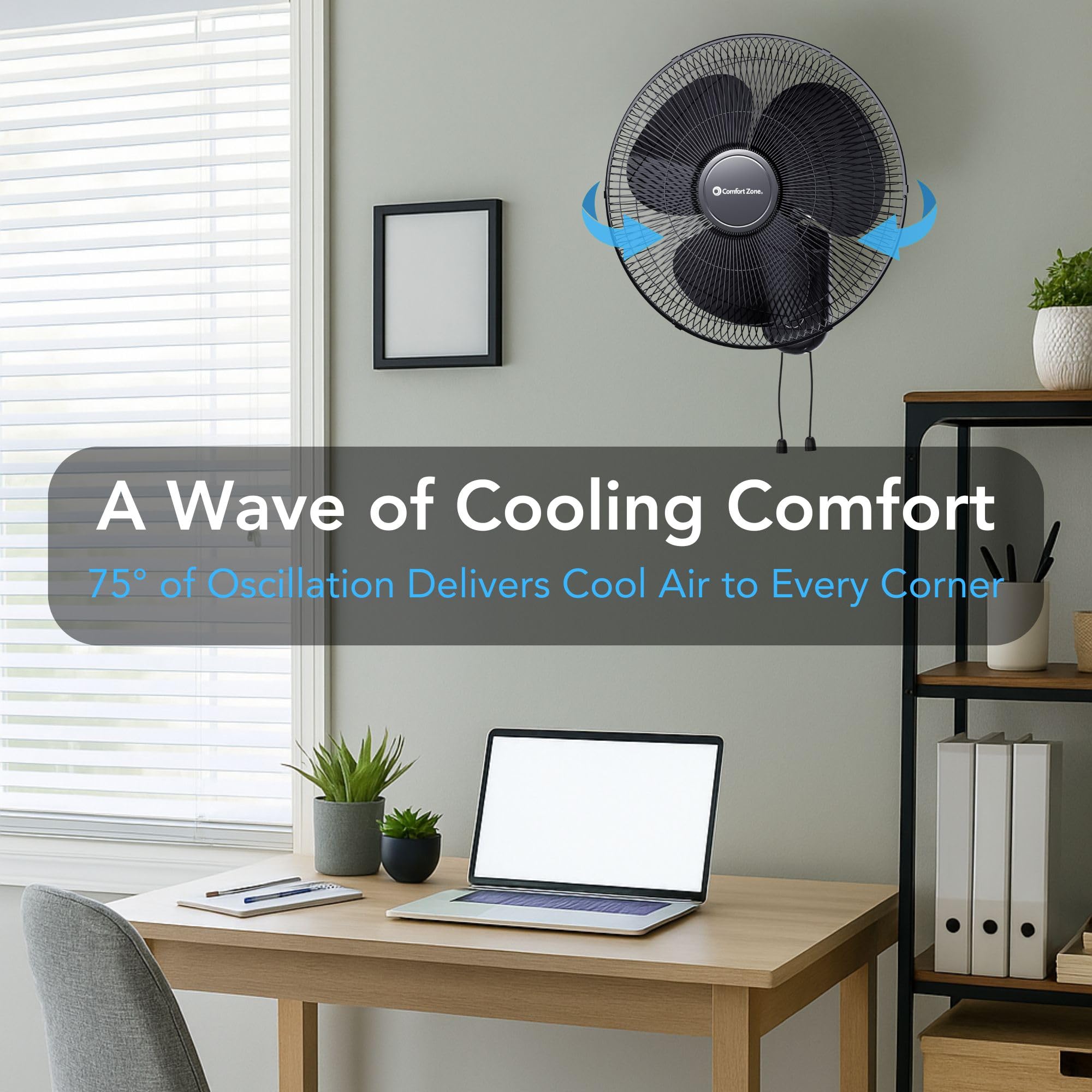 Comfort Zone Ventilatore oscillante da parete, 40,6 cm, 3 velocità con inclinazione regolabile e griglia metallica, oscillazione di 90 gradi, ideale per casa, camera da letto, palestra o