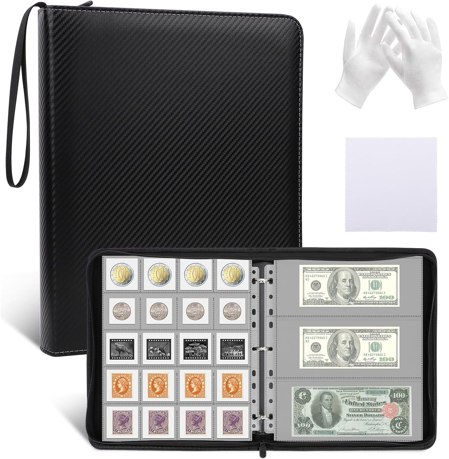 Portable Coin Collection Book - 600 Pockets Coin Holders for Collectors & 30 Pockets Currency Sleeves, Stamp Collecting Supplies Money Organizer for Cash Bill Penny Quarter Stamp, Black