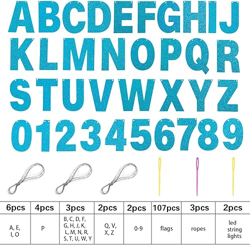 Miniatura 2 de TaoBary Kit de 112 letras personalizables con purpurina, incluye 107 letras y números, 3 cuerdas y 2 agujas para cumpleaños, Halloween, Navidad,