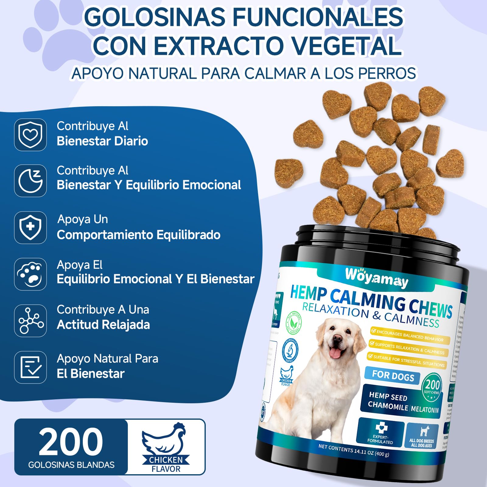 Golosinas Calmantes para Perros, 200 Naturales, Golosinas Tranquilizante para Perros para Apoyar la Calma, Ideales para Situacione de separación, Ladridos, Fuegos Artificiales y Tormentas, Sabor Pollo