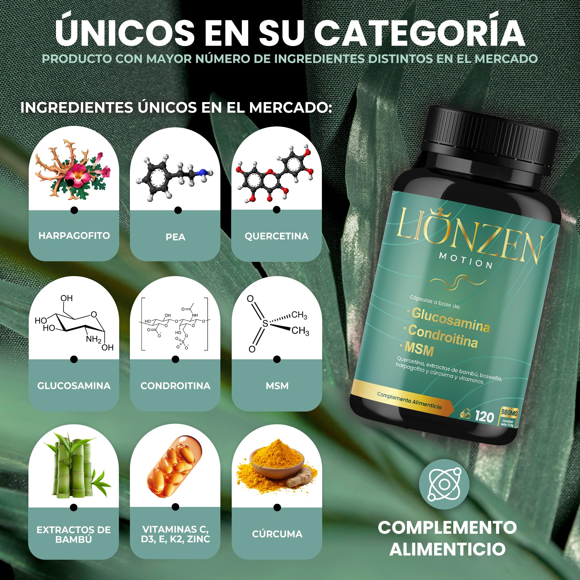 Glucosamina Condroitina y MSM +16 ingredientes articulaciones y huesos | Colágeno, Ácido Hialurónico, Cúrcuma y Vitaminas | Condroprotector Natural Cartílago y Dolor Articular | LIONZEN MOTION