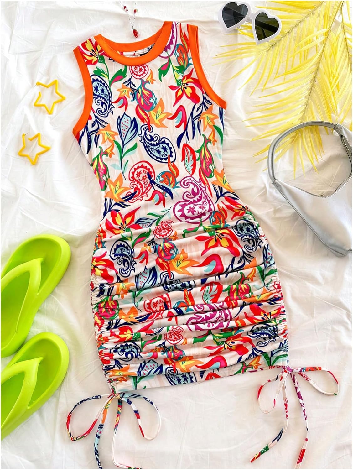 SOLY HUX Women's Summer Bodycon Mini Dresses Floral Print Ruched Sleeveless Vacation Beach Tank Dress - Image 3