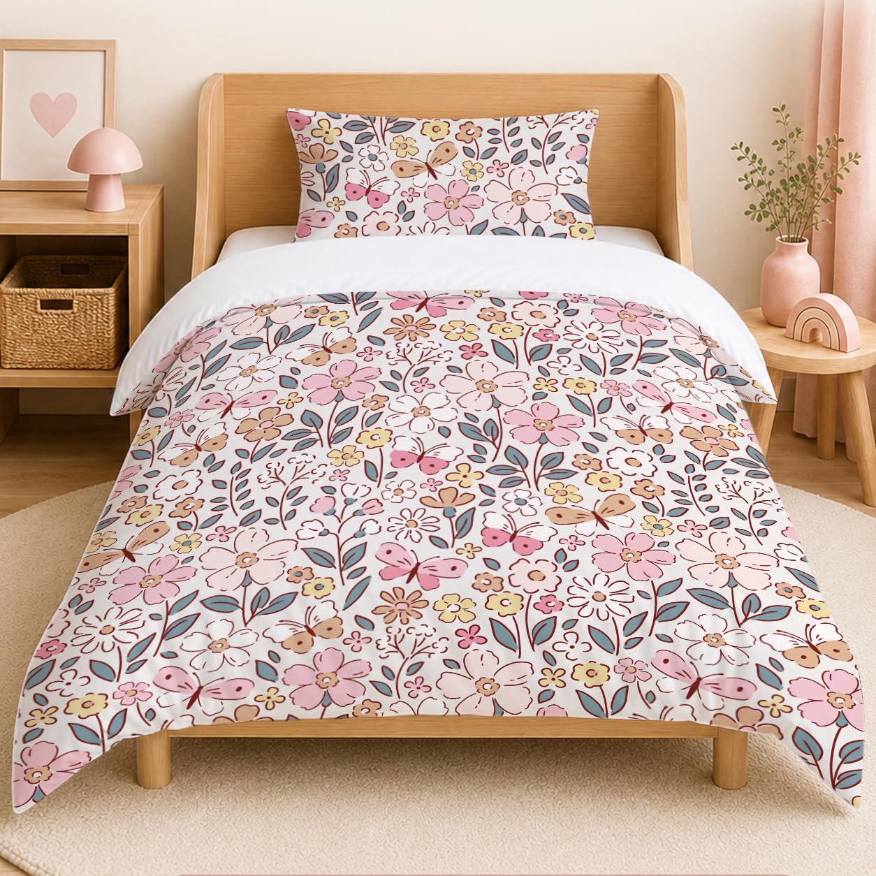 DJDEA Flowers Cot Bed Duvet Cover Set 120x150cm, Butterflies Duvet Cover Set for Girls Children Duvet Cover Set, Microfiber Junior/Cot bedding Matching Pillowcase 40 x 60 cm โ image 1