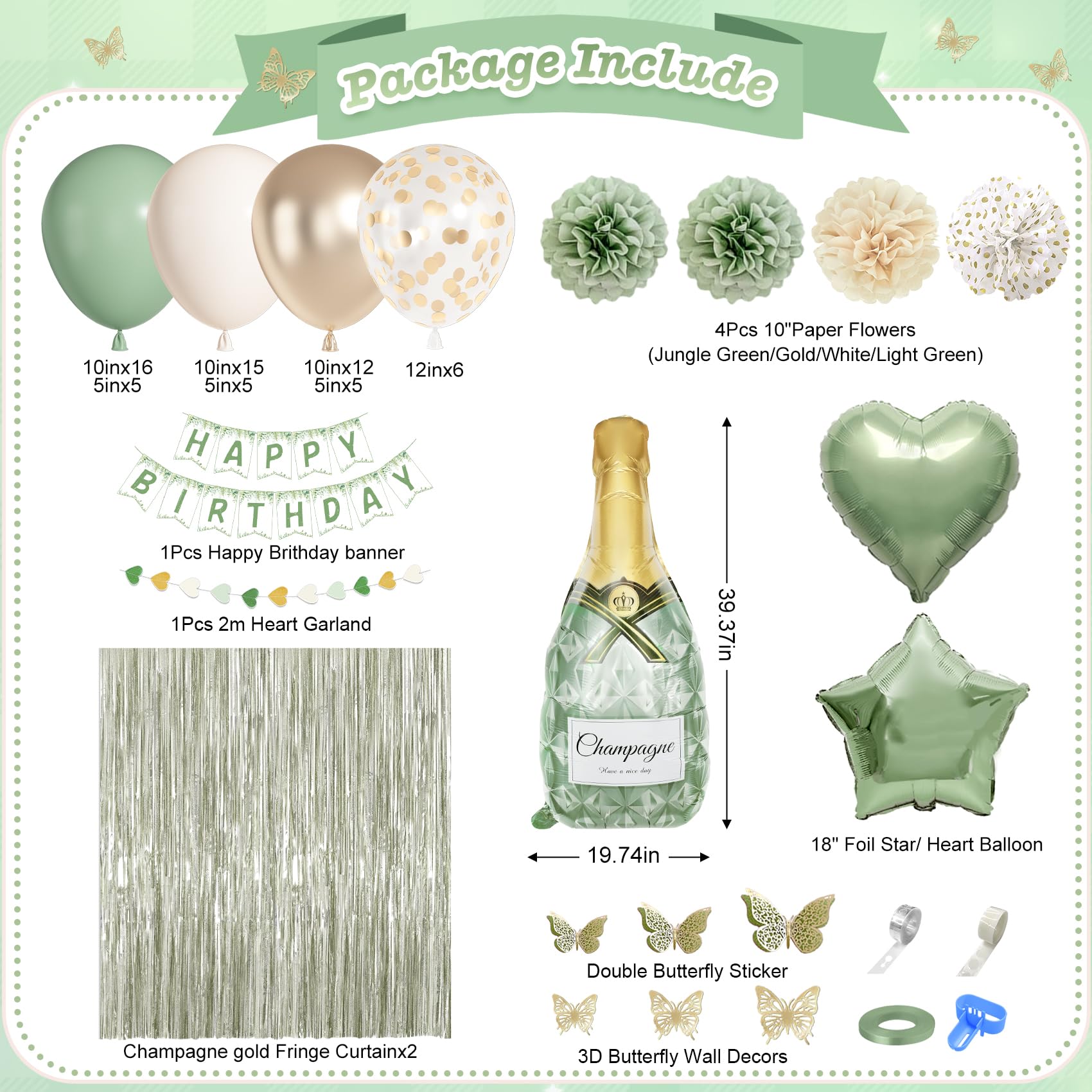 Ouddy Life Decoración de cumpleaños verde salvia, cortina de flecos de globos de confeti verde blanco y dorado, pancarta de feliz cumpleaños, decoración de pastel para mujeres, niñas, niños, neutro,
