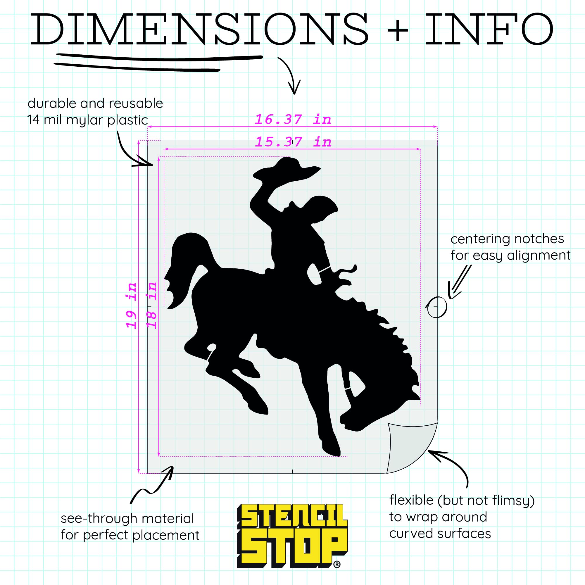Stencil Stop Plantilla Cowboy on Bucking Bronco, reutilizable para proyectos de bricolaje, pintura, dibujo, manualidades, plástico Mylar de 14 mm (15.4 x 18 pulgadas)