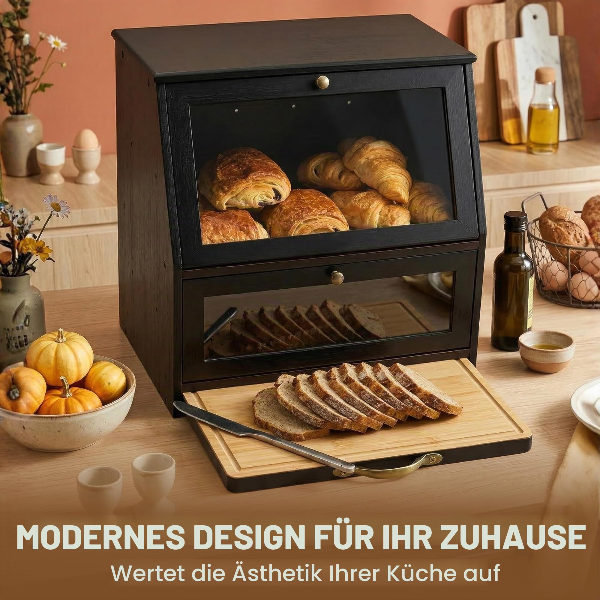 Brotkasten Holz im Vintage Landhaus-Stil – Große Brotaufbewahrungsbox mit 2 Etagen & Integriertem Schneidebrett – XXL Brotaufbewahrung Schwarz aus Bambus – Traditioneller Brotbehälter Frischhaltend