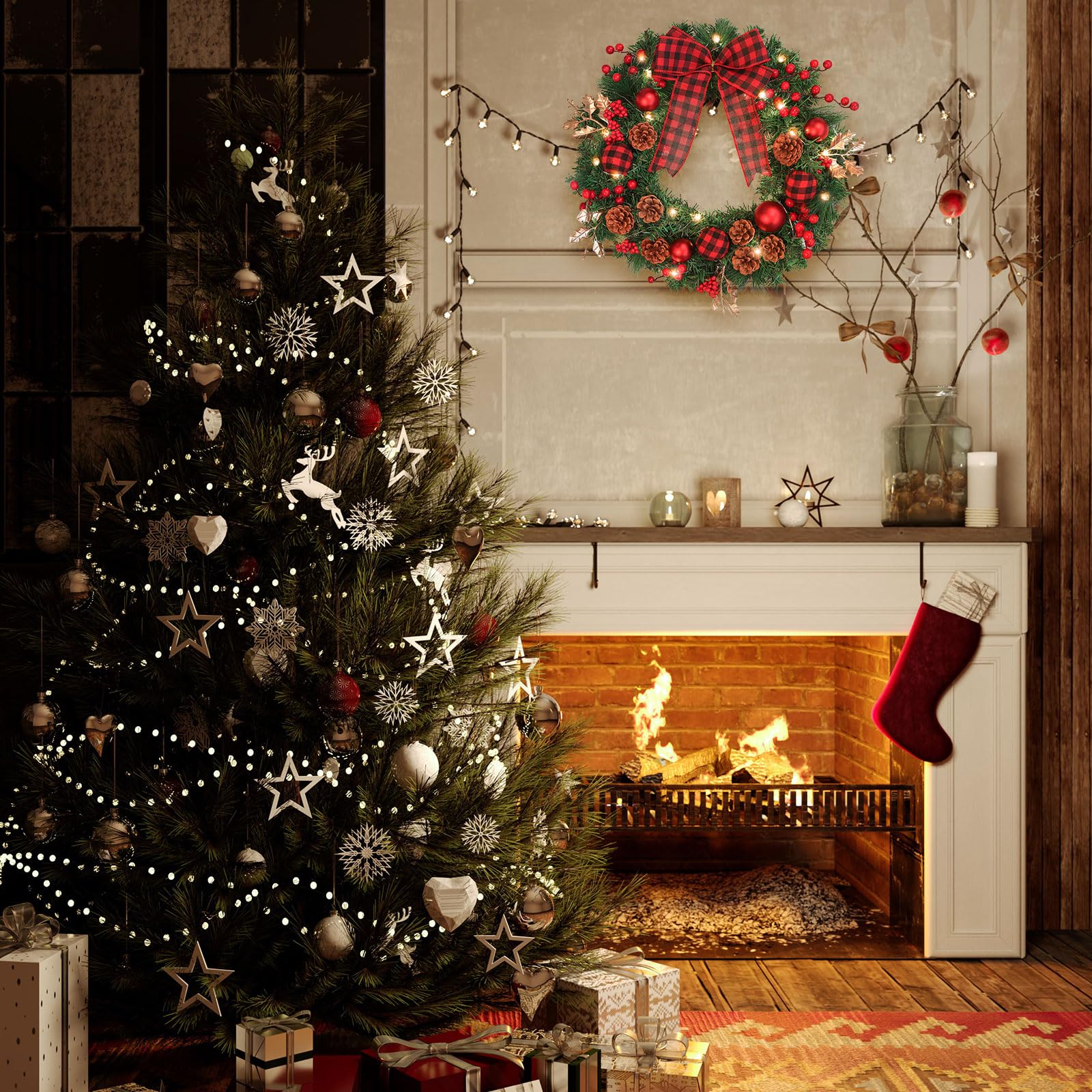 40CM Türkranz Weihnachten,Weihnachtskranz Haustür mit 30 LEDs,Weihnachtskranz mit Laterne, Kugeln, Beeren & Schleifen, weihnachtstürkranz, Weihnachten Dekor