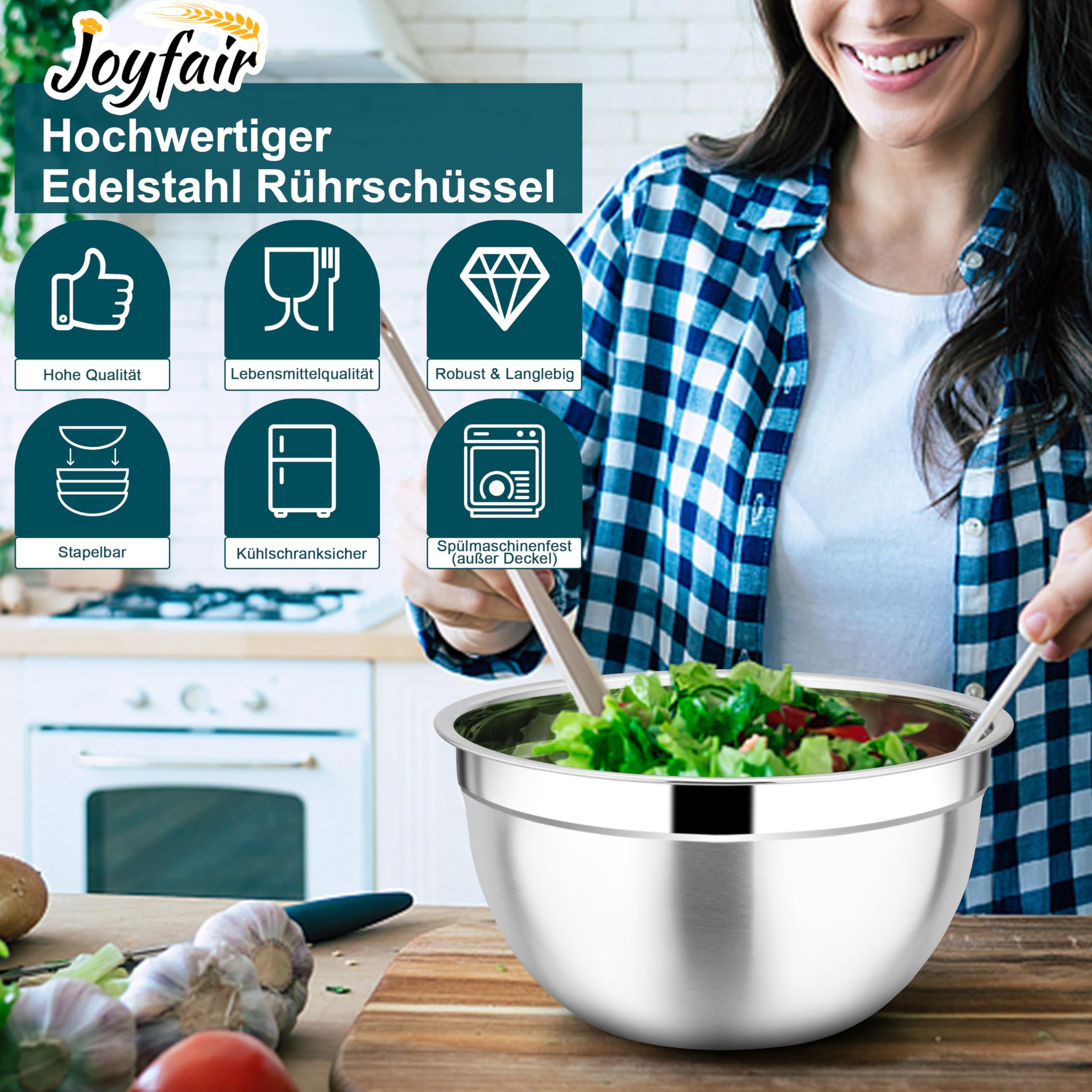 Joyfair Ciotola per insalata, 3 pezzi, in acciaio inox, con coperchio ermetico, impilabile, in metallo, per mescolare/servire/preparazione, lavabile in lavastoviglie, 4,5 l, 2,7 l, 1,5 l, blu