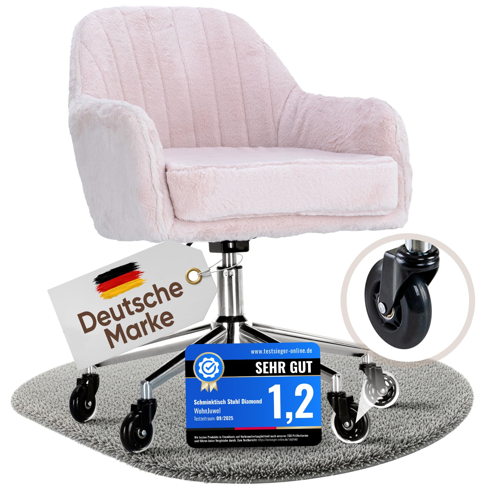 WohnJuwel Schminktisch Stuhl [höhenverstellbar] mit Gummirollen, Dickes Kissen [waschbares Kunstfell] - Drehstuhl Schminkstuhl Schminktischstuhl Schreibtischstuhl - Rosa