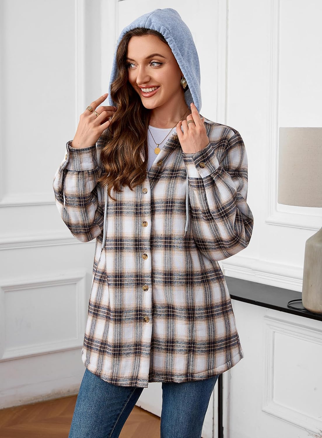 Women's Sherpa Lined Flannel Shirt Jacket Cotton Plaid Fleece Button Down Jackets with Hood for Women - Image 5