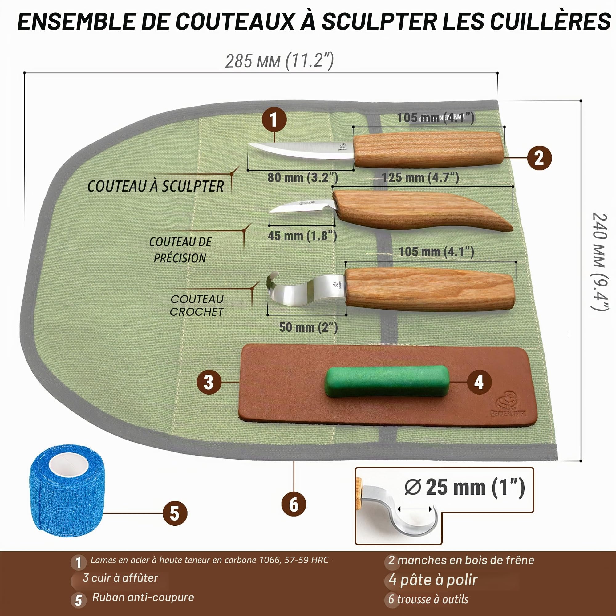 BeaverCraft S13 Set d'outils de sculpture sur bois pour la sculpture de cuillères 3 couteaux dans le rouleau d'outils affûteuse en cuir et pâte à polir crochet couteau de détail Sloyd Couteaux