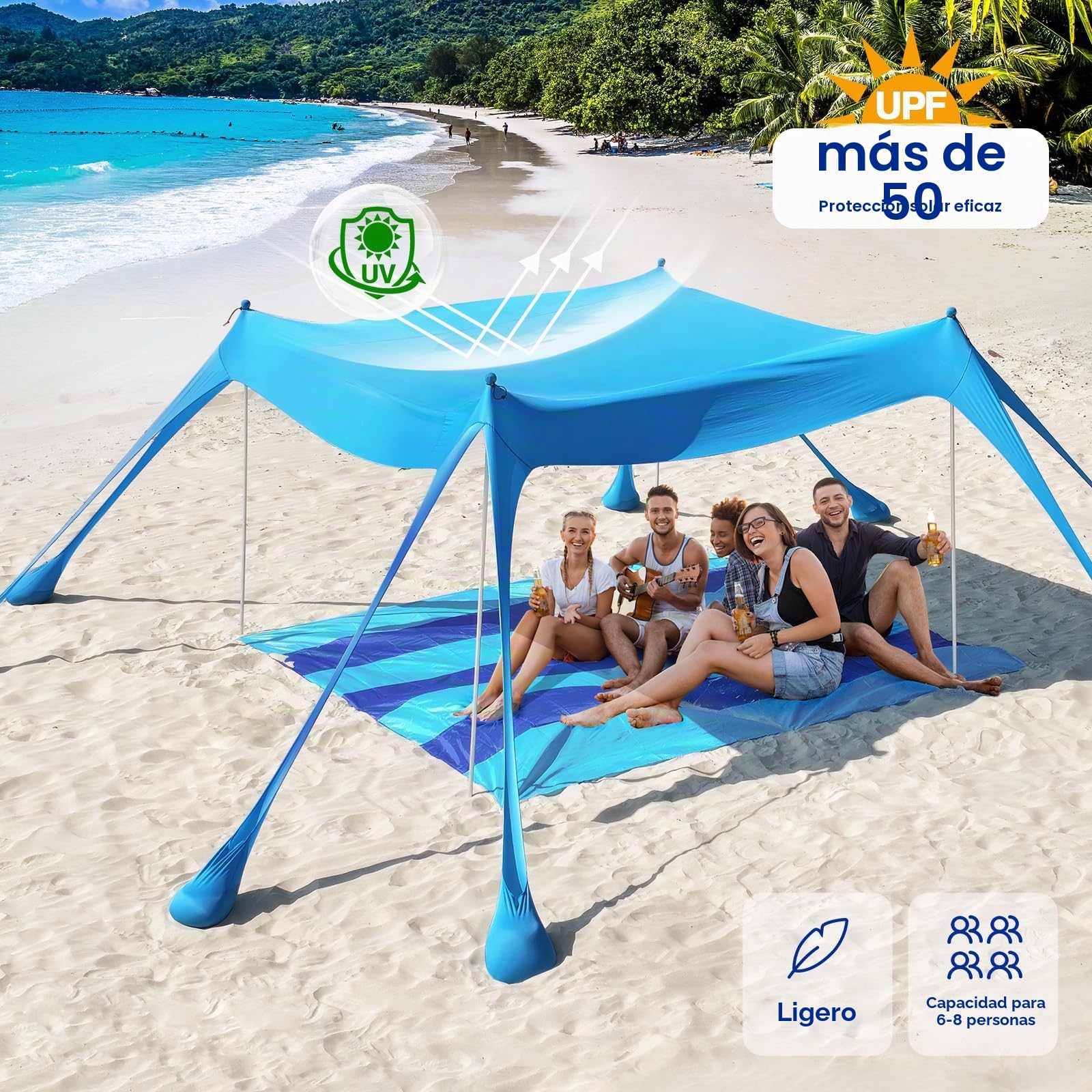 Rhino Valley Tienda de Playa Plegable, Toldo de Playa Portátil Protección UV UPF50+ Resistente Viento con Sacos de Arena Clavijas Tierra Carpa Aire Libre Acampada