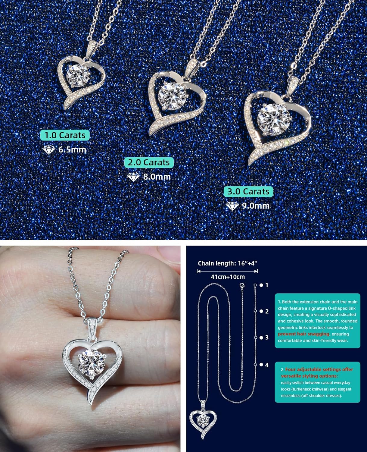Valentines Day Gifts for Her - Heart Pendent Necklaces for Women, 1-3ct Moissanite Necklace with I love U Engraving - Anniversary Birthday Gifts for Wife, Girlfriend, Mother, 925 Silver Jewelry - Image 5