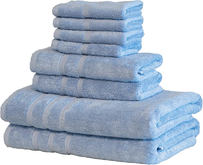 8 Piece Turkish Bath Towel Set, 30 x 58 in, 700 GSM, Allure Blue | 2 bath towels, 2 hand towels and 4 washcloths, 700 GSM viscose made from bamboo and Aegean Turkish cotton towel set