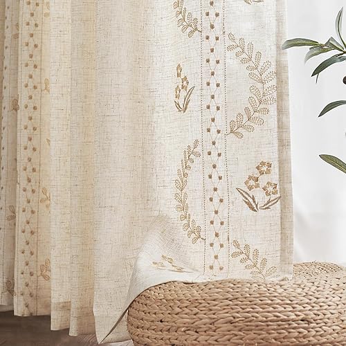 Miniatura 9 de jinchan Belrose Linen Curtains for Bedroom Floral Curtains 84 Inch Length Linen Blend Beige Embroidered Drapes Farmhouse Flower Patterned Drapes for