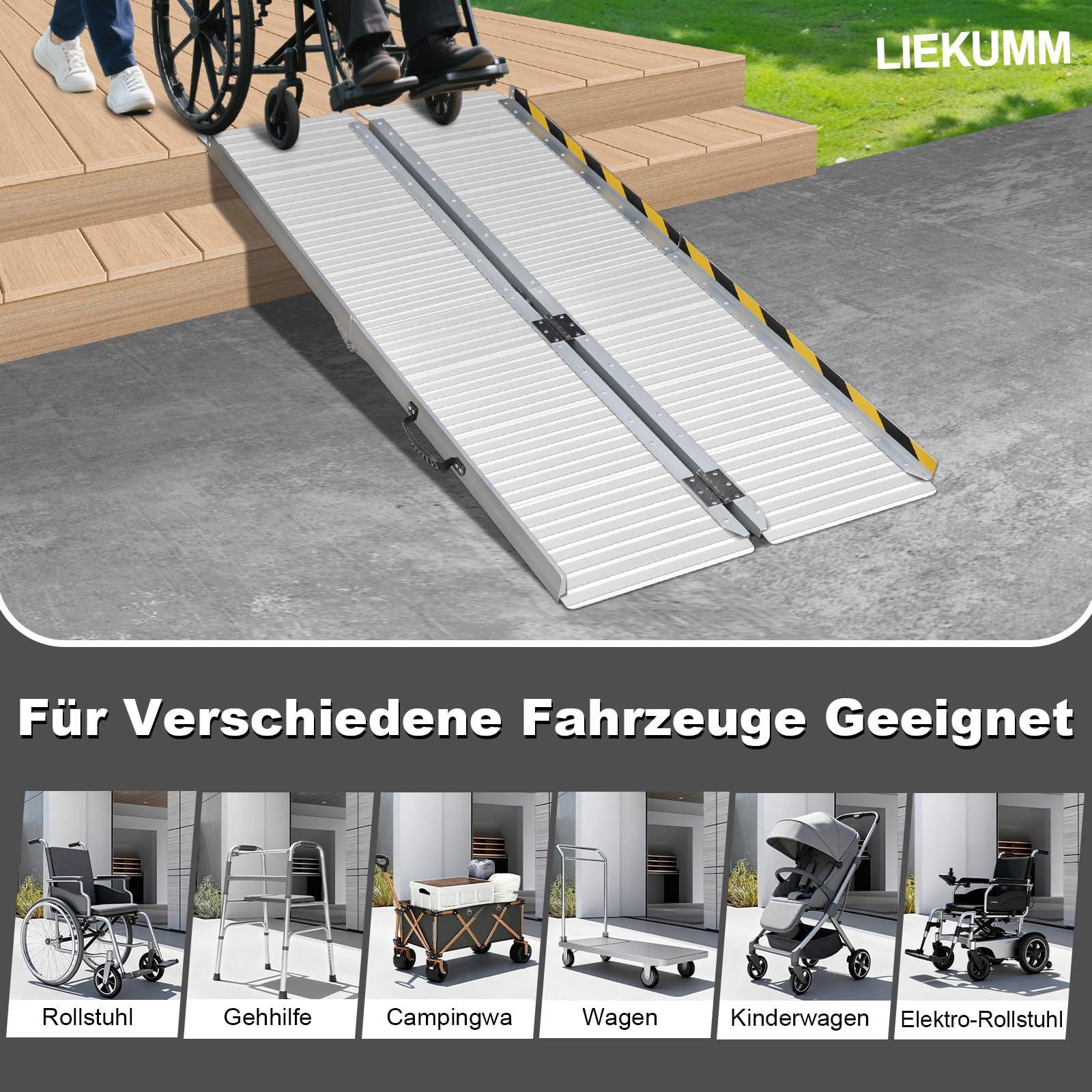 LIEKUMM 152 x 74 cm, rampa dla wózków inwalidzkich, obciążenie do 300 kg, rampa dla wózków inwalidzkich z antypoślizgową powierzchnią, przenośna rampa do wózka inwalidzkiego z aluminium, składana