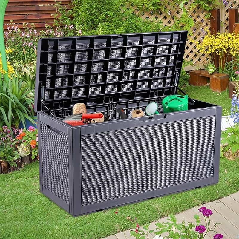 black outdoor storage bench
