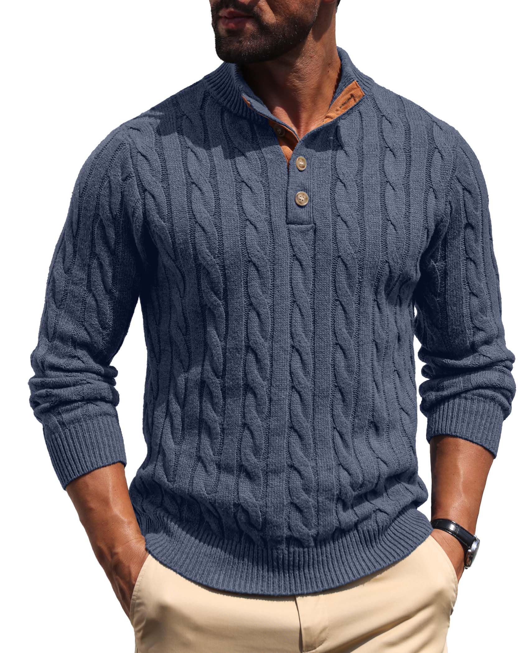 askdeer Men's Cable Knit Pullover Sweater Stand Collar Button Classic Casual Sweaters Henley Knitted Pullover-picture-11
