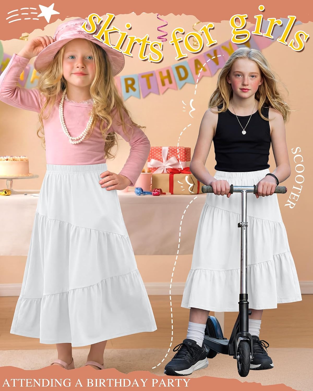 Halfchet Girls' Maxi Tiered Skirts with Pockets 5-16 Years Long Casual Flowy Swing Elastic Waist Pleated Ruffle Summer Skirts