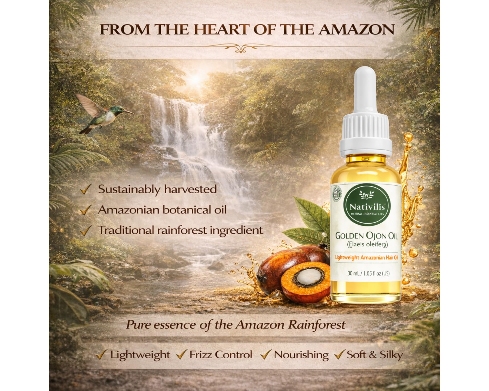 Nativilis Ojon Caiaue Golden Oil - Potenciador natural de la piel del cabello Rainforest Virgin Oil - Revitaliza los folículos dañados Cabello - Copaiba
