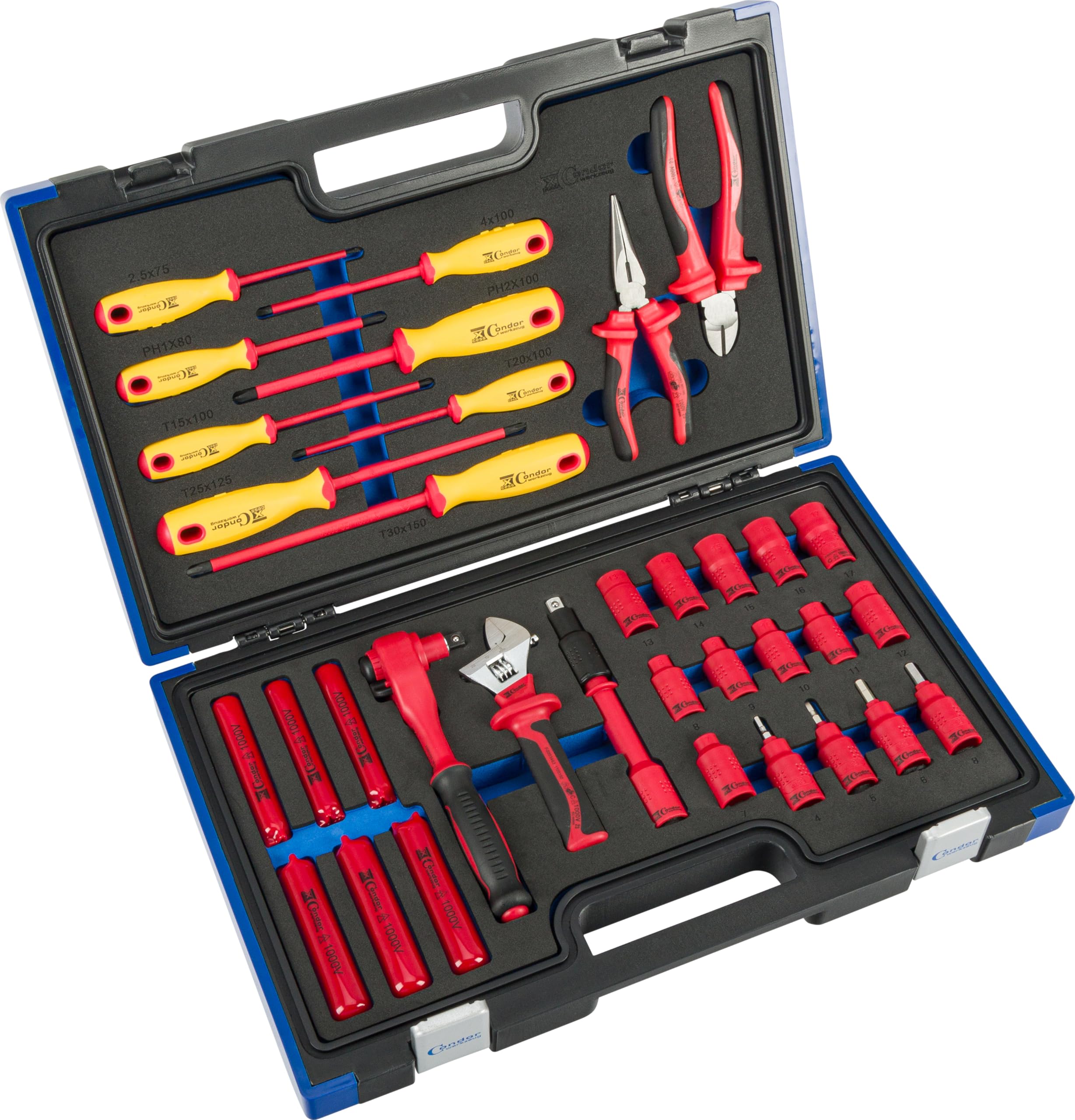Condor Werkzeug 30034 | VDE Werkzeugkoffer | 34-teilig | 3/8" | für Arbeiten bis 1.000V | ideal für Reparatur- und Wartung von Elektrofahrzeugen | DIN ISO EN 60900 | xcess performance