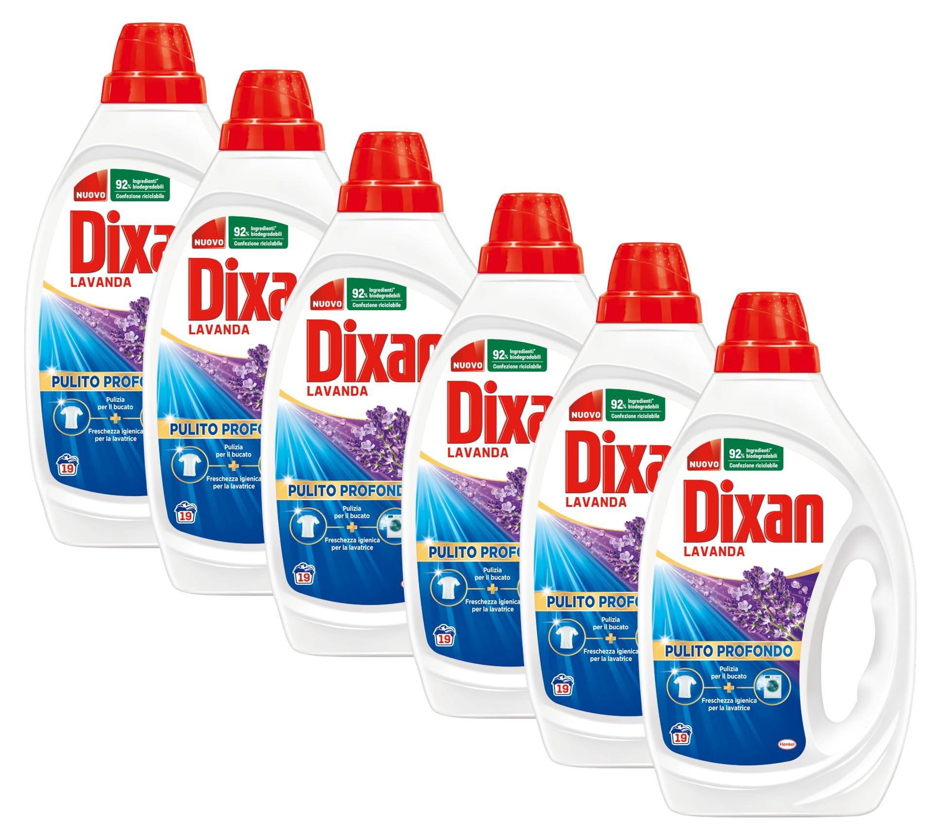 Dixan Detersivo Lavatrice Liquido Lavanda, 6 confezioni da 19 lavaggi, 114 lavaggi totali