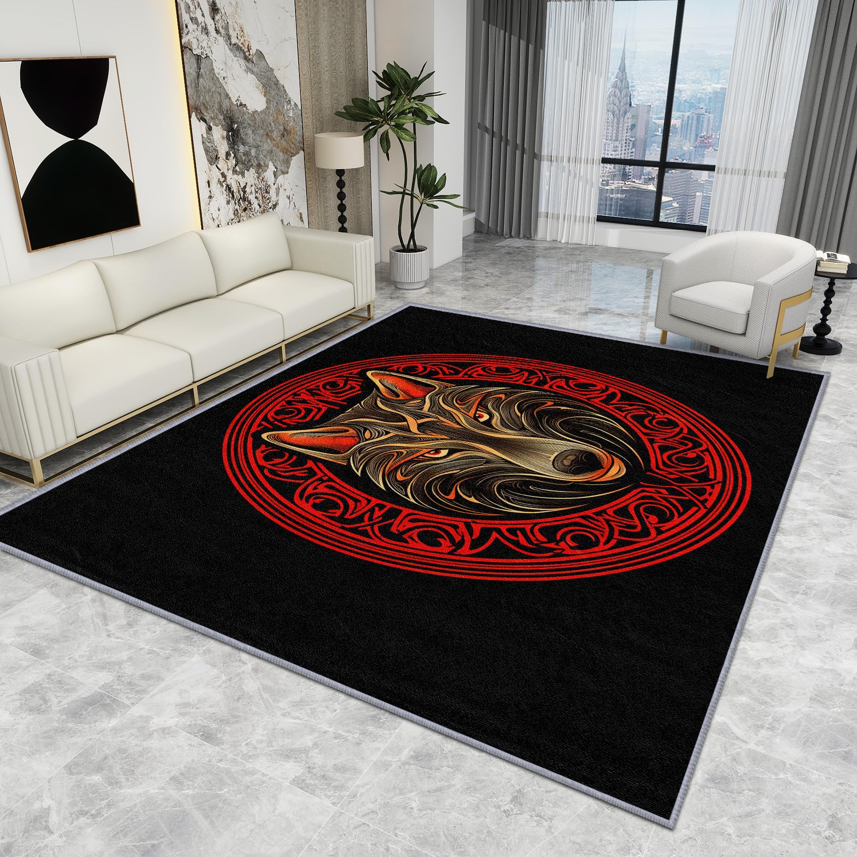 Small Viking Rug - Viking Rug - Celtic Wolf Head Symbol Rugs, Gothic Norse Mythology Mythical Carpet, Washable Rug Non Slip Low Pile Soft Large Area Rugs, Viking Home Decor Gifts, 160 X 230 cm