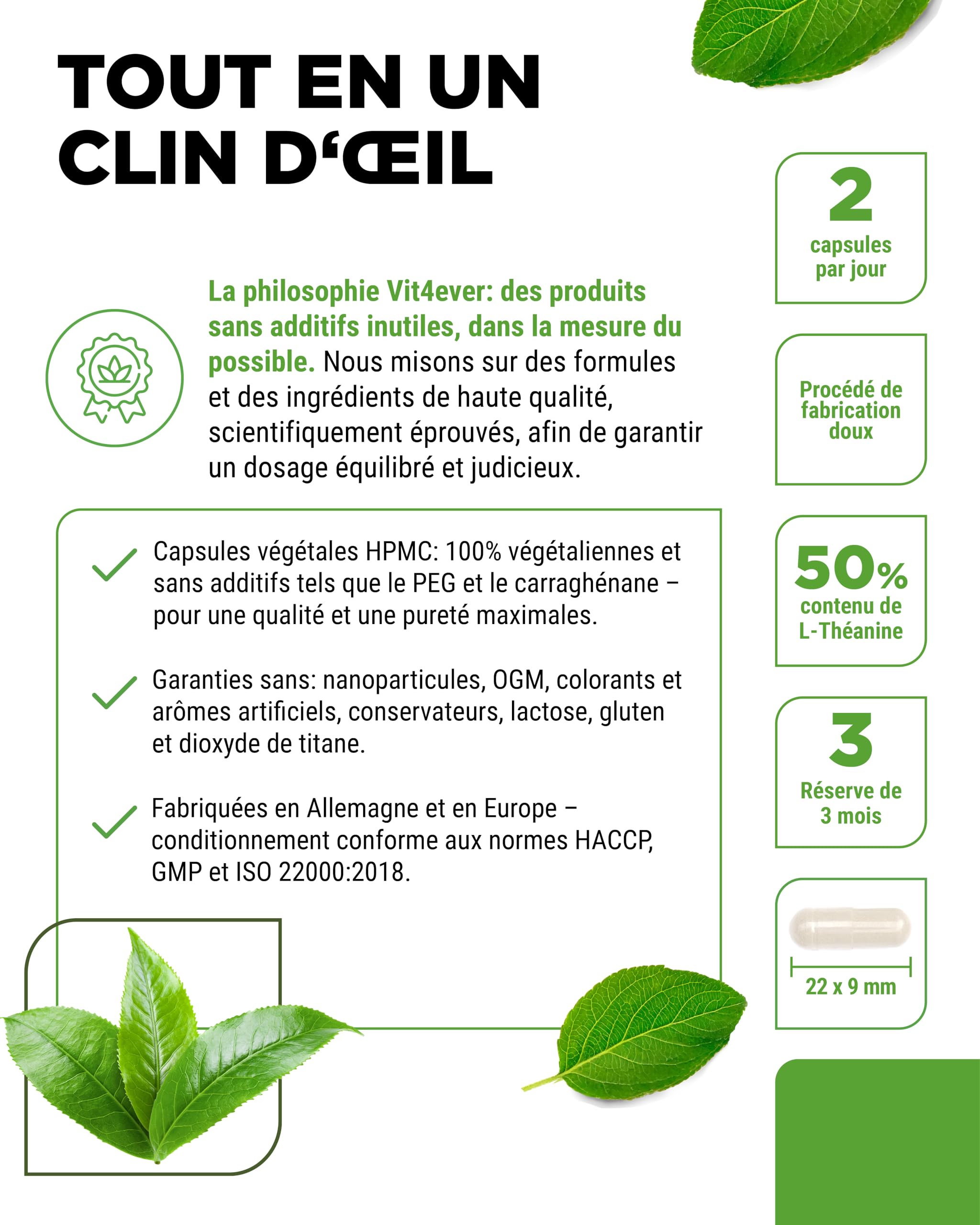 L-Théanine - 180 Gélules - 750 mg par Portion Journalière - à partir d'Extrait Naturel de Thé Vert - Hautement Dosé - Végétalien
