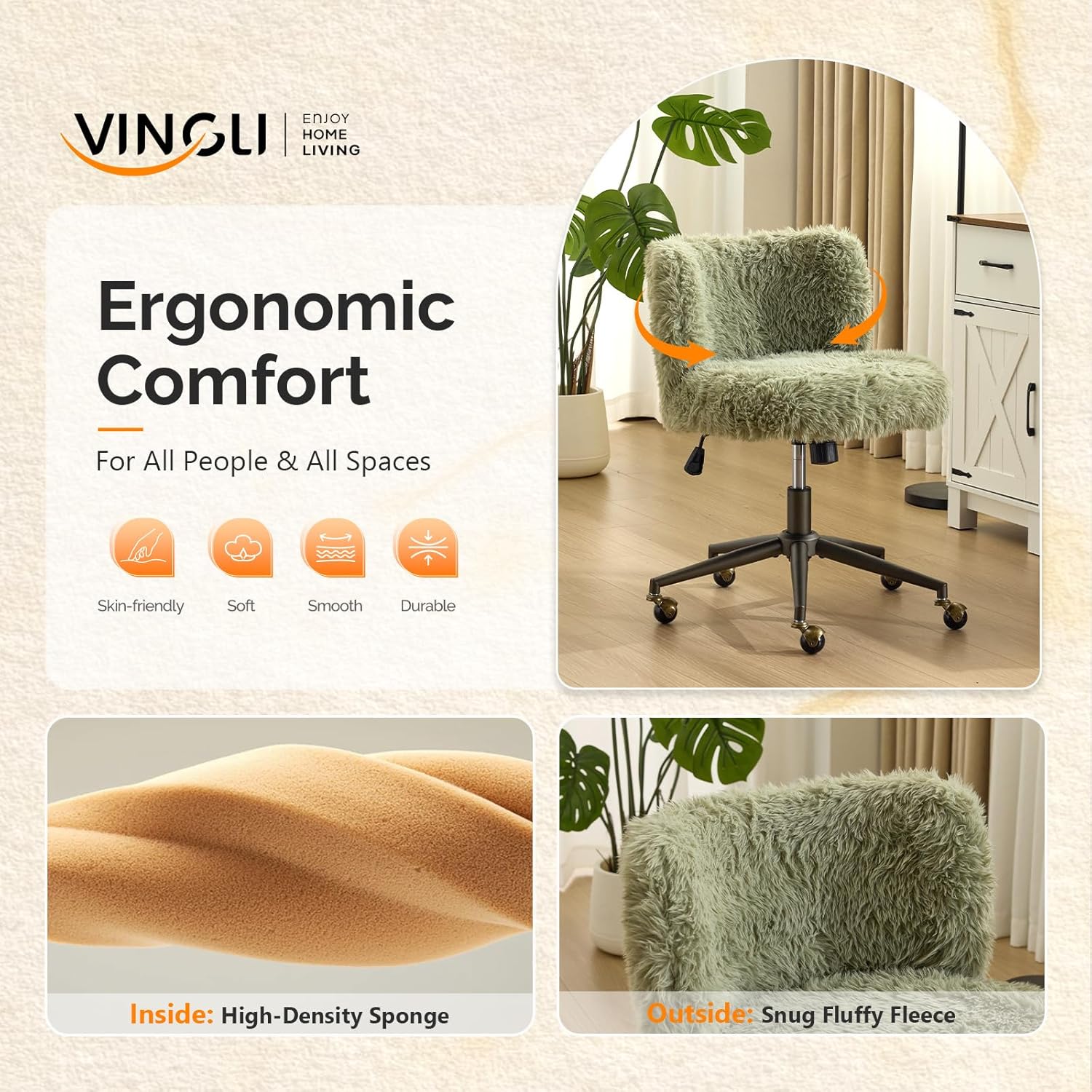 VINGLI Plush Upholstery Vanity Desk Chair with Curved Back & 90-102° Tilt &Adjustable Height, Cute Rolling Chair with Bronze Base & Golden-Bronze 360° Swivel Wheels for Makeup &Home Office,Grass Green