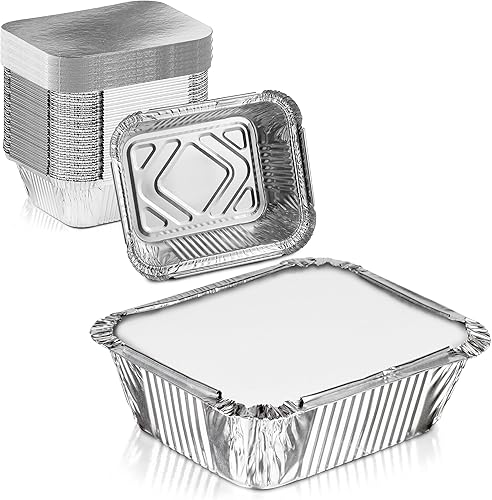 Fit Meal Prep Paquete de 100 Sartén rectangular de 1 libra, 16 onzas, pinta, 6 x 5 x 2 pulgadas, desechable, de papel de aluminio, con tapas de