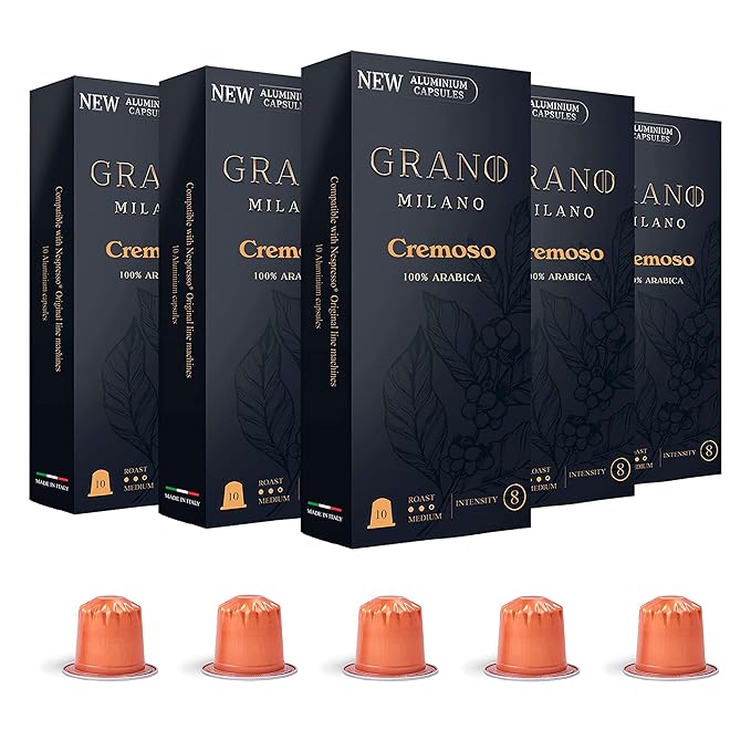 In conclusion, Grano Milano's aluminum coffee pods provide the perfect solution for owners of Nespresso®* Original Line Machines. The Cremoso blend, crafted from luscious 100% Arabica beans, guarantees a delightful and indulgent cup of coffee. Our pods' aluminum material and pack size of 50 ensure the preservation of your coffee's freshness and offer a generous supply to satisfy your coffee needs.