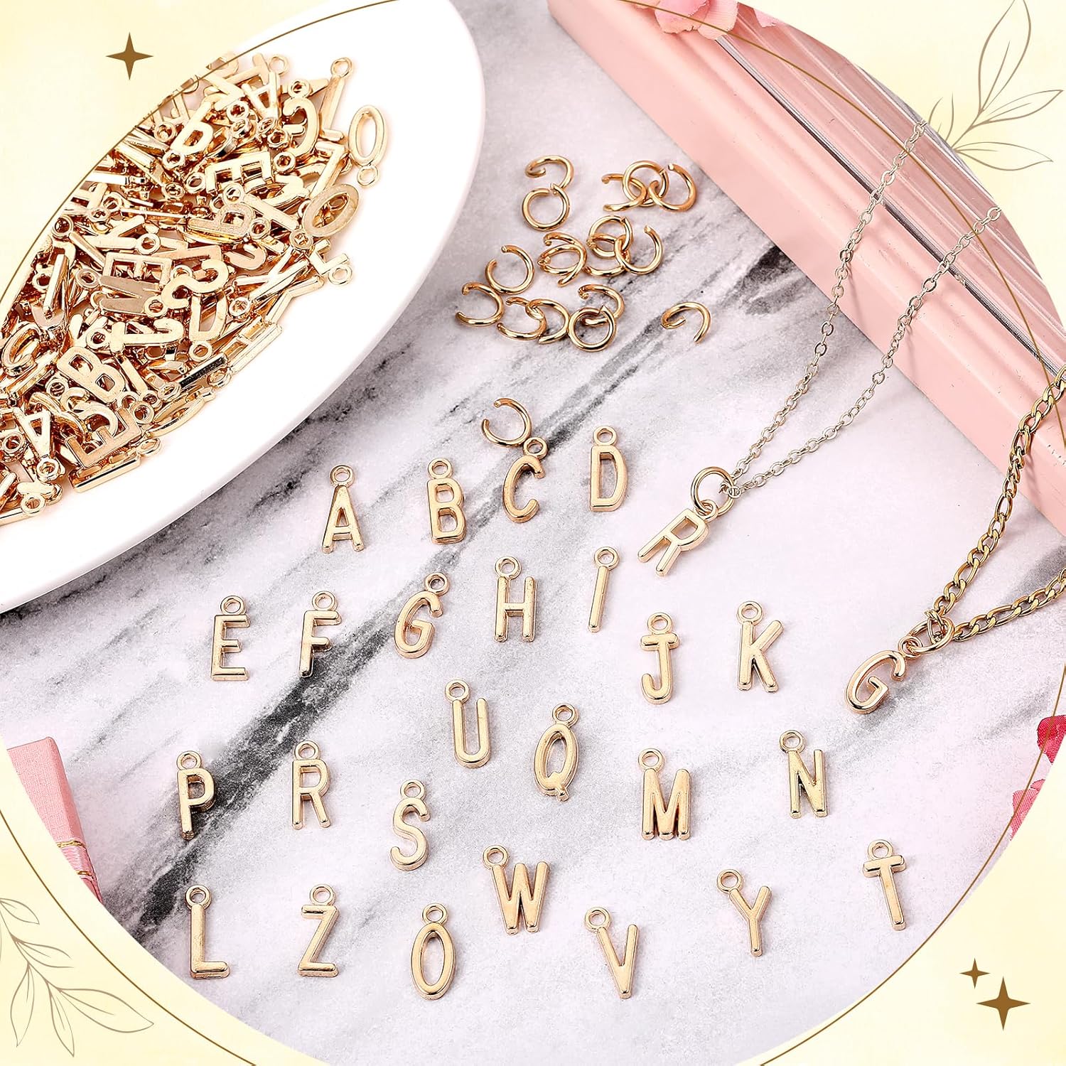 234pcs/9sets Gold Letter Charms ABC Alphabet Charms DIY Bracelets Necklace Jewelry Keychain with 300pcs Open Jump Rings for Jewelry Making Gift Capital A-z Kc Gold - Image 5