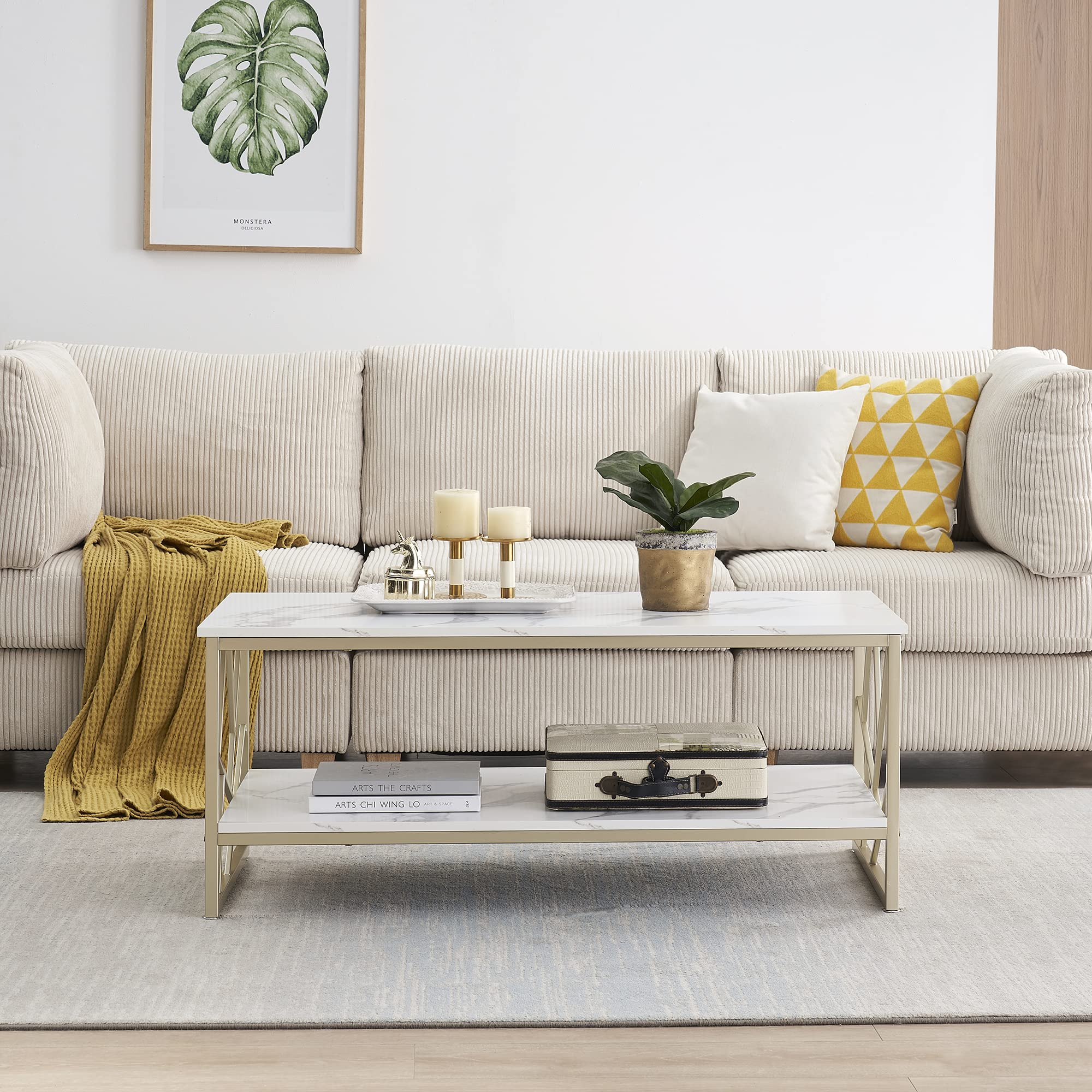 Tavolino da Salotto Bianco cornice dorata, Tavolino Salotto Moderno, Coffee Table in marmo effetto texture, Tavolo Salotto Moderno Rettangolare
