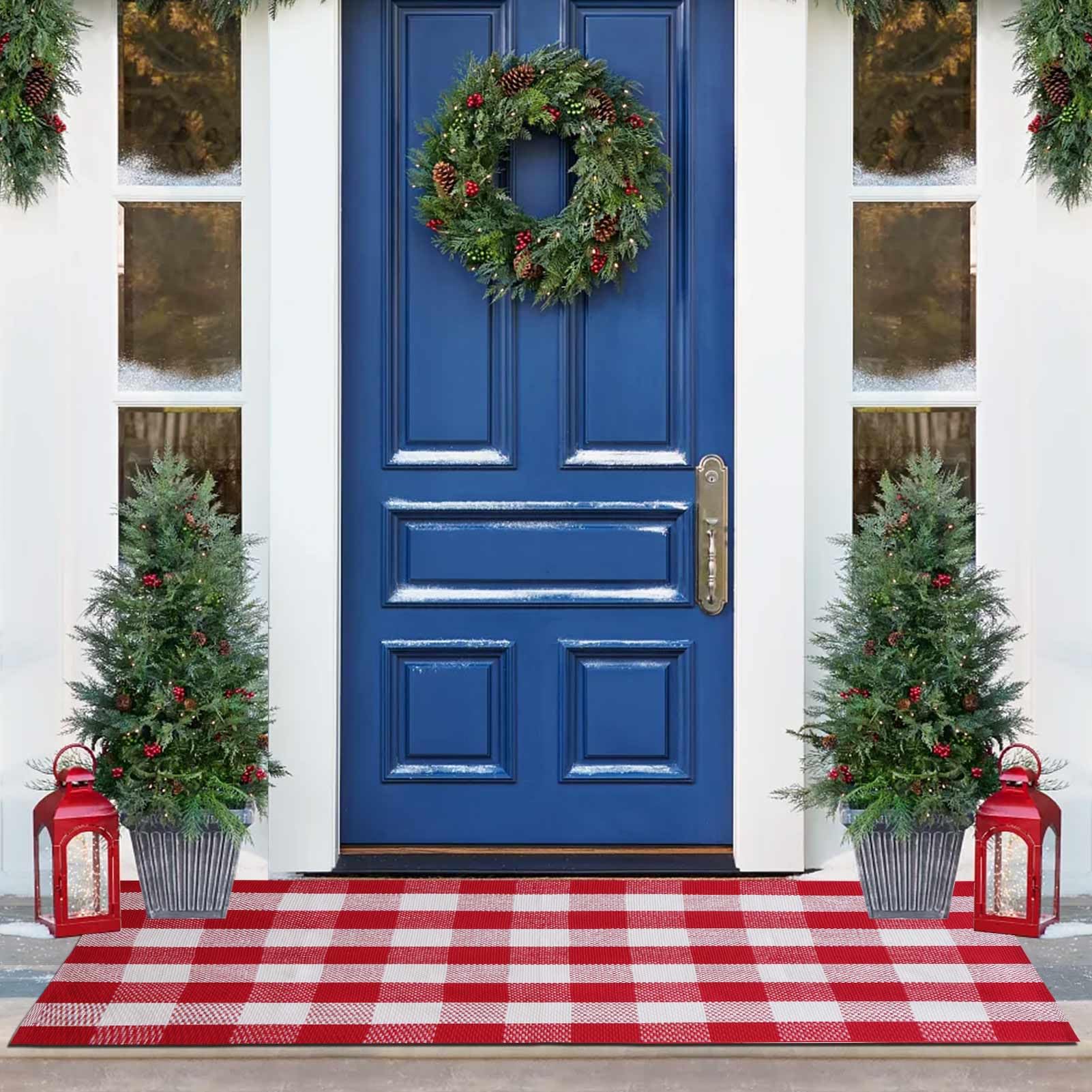 PIXFAIRY Red and White Plaid Rug