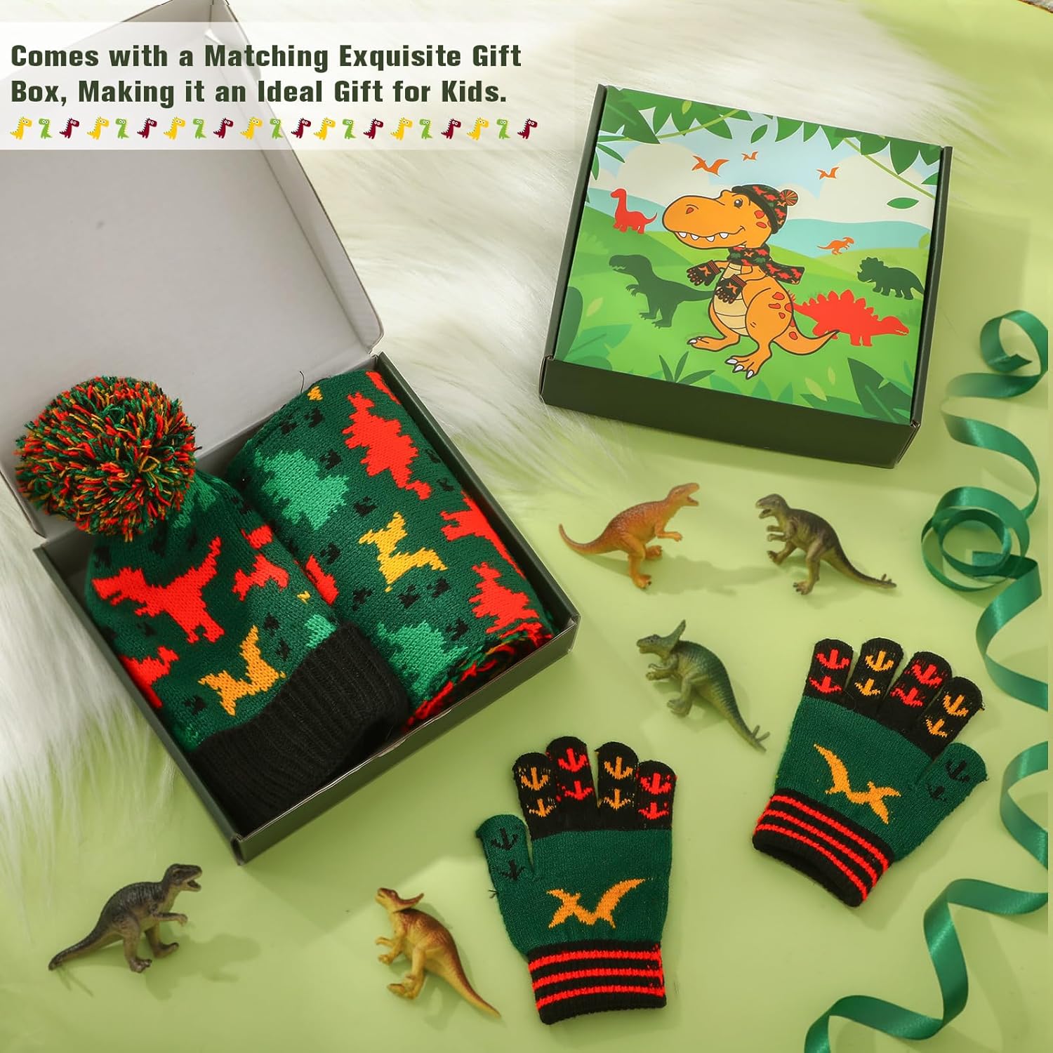 Kids Winter Hat Gloves Scarf Set Dinosaur Children Hat Beanie with Pom Winter Knit Neck Mittens for Boys Toddlers - Image 4