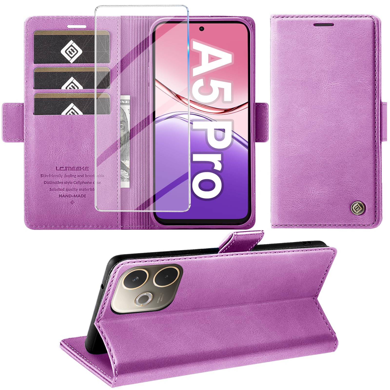 Giyer Cover per OPPO A5 Pro Custodia con Vetro Temperato, Premium Pelle PU Portafoglio Slot per Scheda RFID Antifurto Funzione Supporto Flip Case, Antiurto per OPPO A5 Pro 5G Cover (Viola)