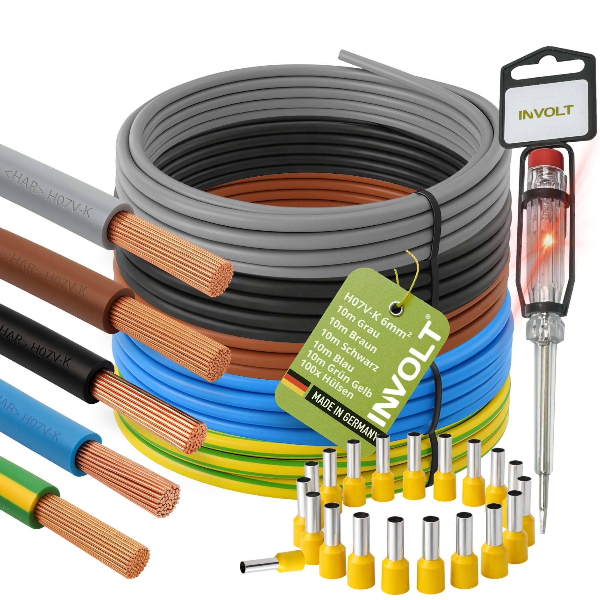 H07V-K - Juego de 5 cables de cableado de 6 mm², cable individual, negro, azul, marrón, gris, verde-amarillo con terminales y comprobador de tensión (10 m + 100 casquillos)