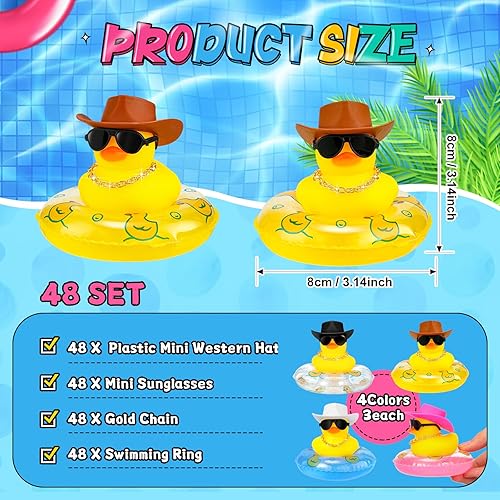 Miniatura 3 de Sosation Pato de goma vaquero a granel, mini auto de patitos amarillos, juguetes de baño, recuerdo de fiesta con mini sombrero, collar de círculo de
