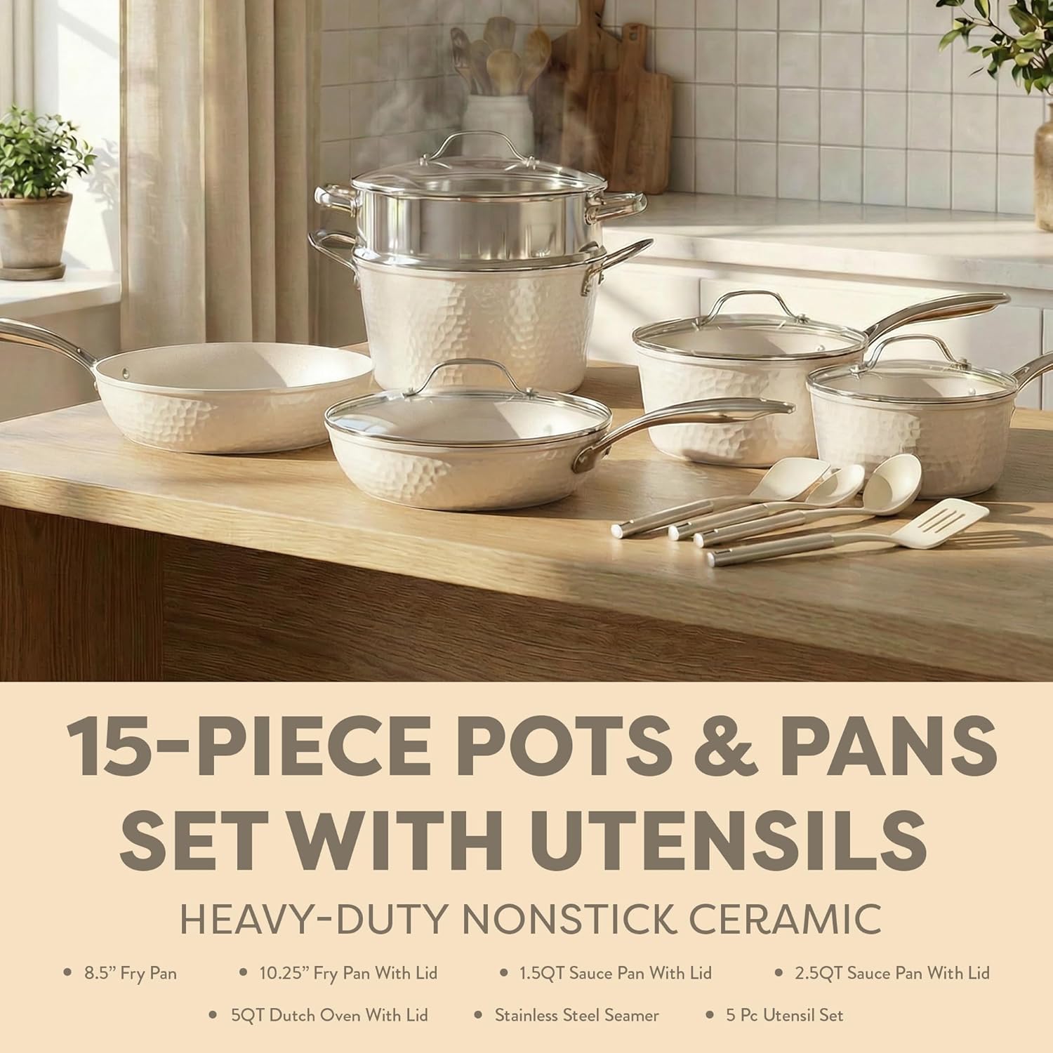 Gotham Steel Hammered 15 Pc Ceramic Cookware Set Nonstick, Pots and Pans Set Non Stick with Induction Cookware, Cooking Utensils & Steamer, Non Toxic PFOA PFOS Free, Oven & Dishwasher Safe - Image 2