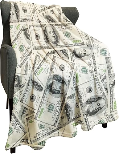 Fleece Blanket 60" x 80" Beige Funny 100 Dollar Bill Cash Us Cute Things Money Lightweight Fuzzy Cozy Soft Warm Throw for Men Women, Air Conditioning