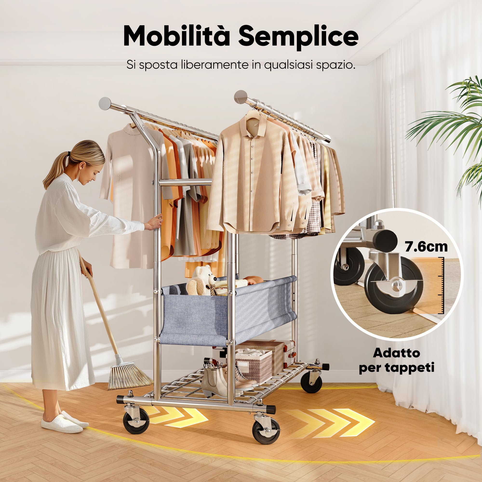 HOKEEPER Appendiabiti da Terra Resistente a Doppia Barra con Ruote, 283kg, con Cesta in Tessuto e Ripiano, Estensibile - Ideale per Camera da Letto, Boutique