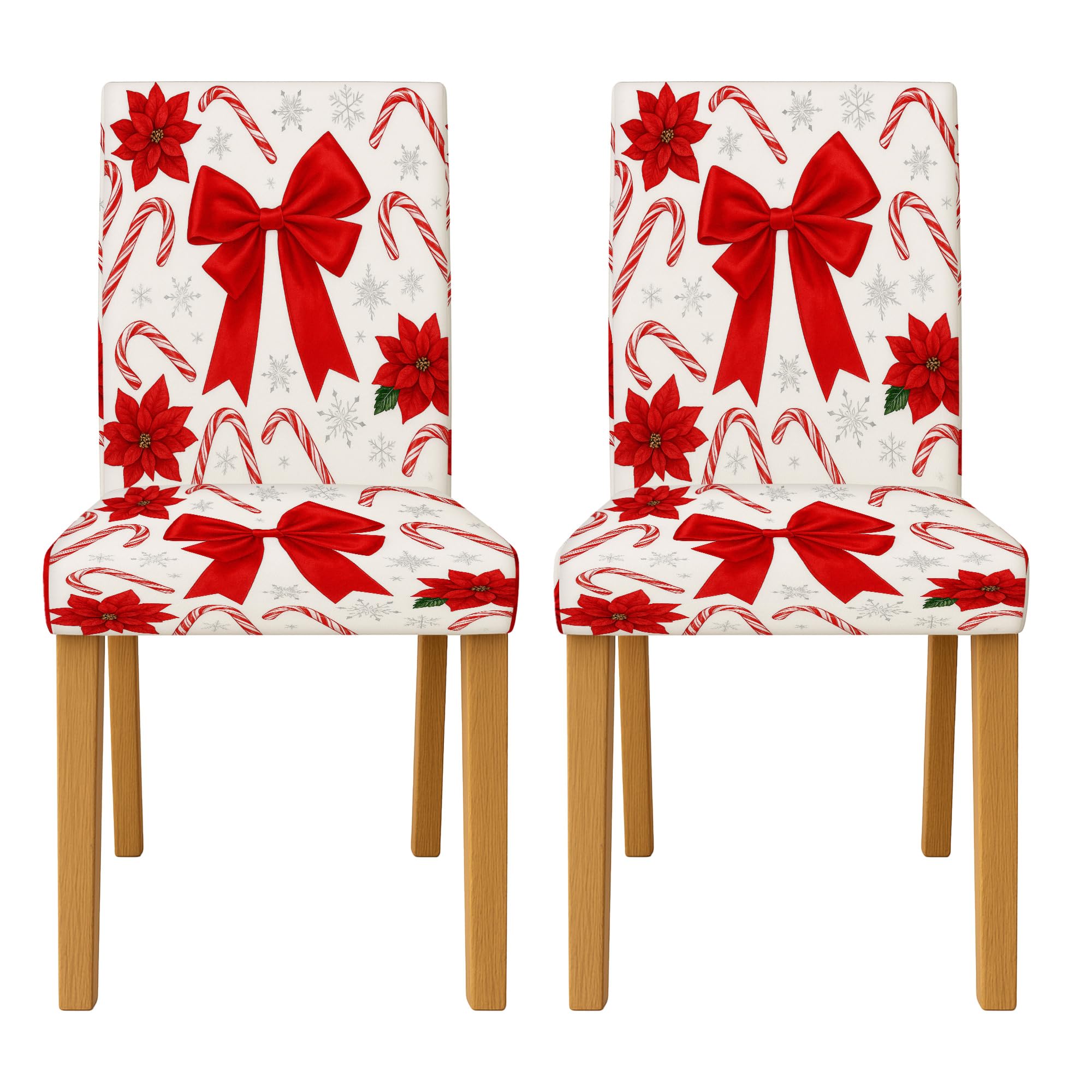 Festive Candy Cane and Bow Chair Covers for Dining Chairs, Stretch & Washable Spandex Seat Protectors, Holiday Decorative Slipcovers for Kitchen Dining Room 2pcs