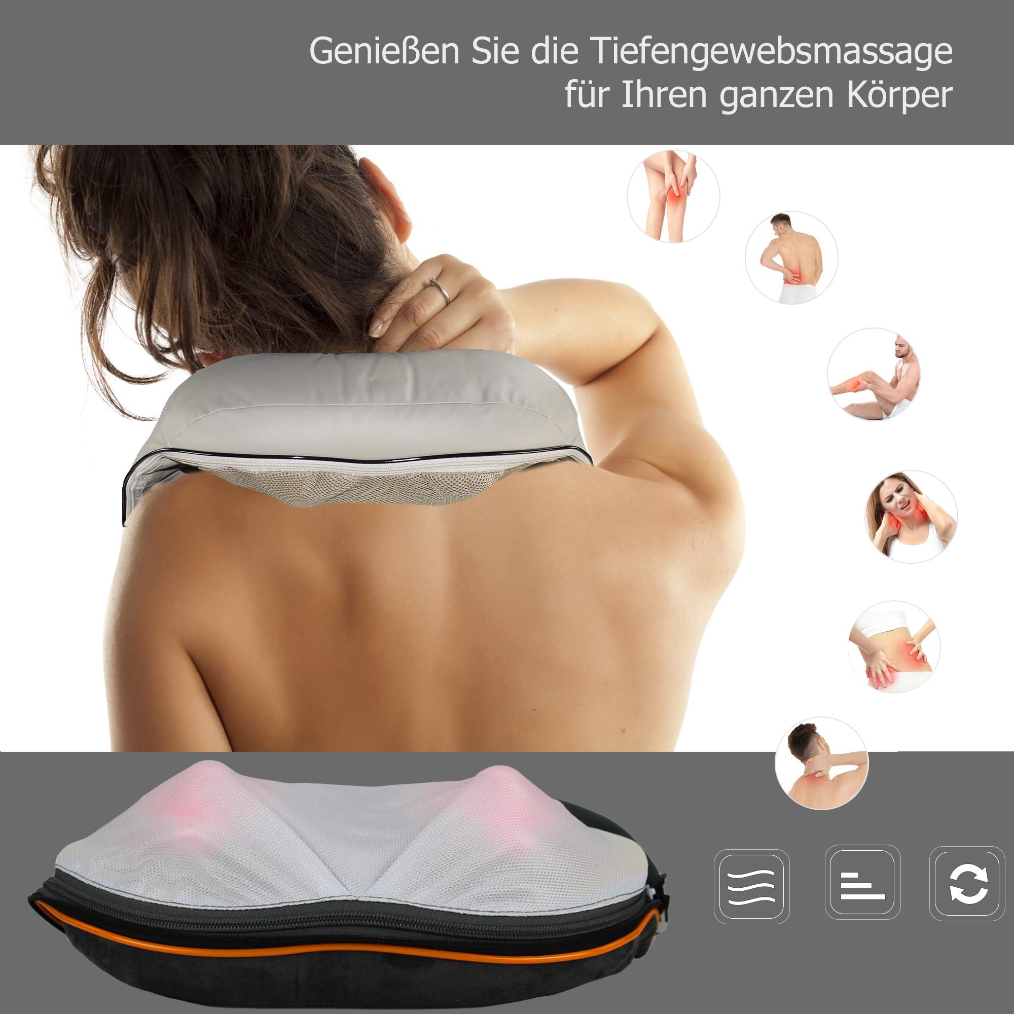 Shiatsu Massagegerät mit Wärmefunktion für Nacken, Schulter und Rücken –  Knet- und Rollen-Massage mit 8 Massageköpfen und IR-Wärme zur Entspanung